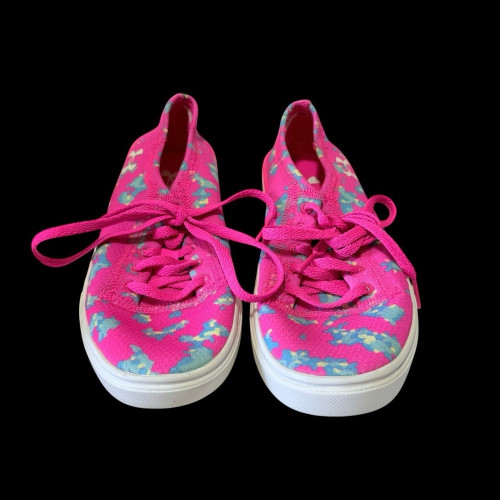 Girls 2Y Under Armour Neon Pink & Flower Print Laced Sneakers Tennis Shoes - Picture 2 of 8